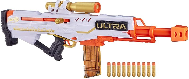 Photo 1 of Nerf Ultra Pharaoh Blaster with Premium Gold Accents, 10-Dart Clip, 10 Nerf Ultra Darts, Bolt Action, Compatible Only with Nerf Ultra Darts

