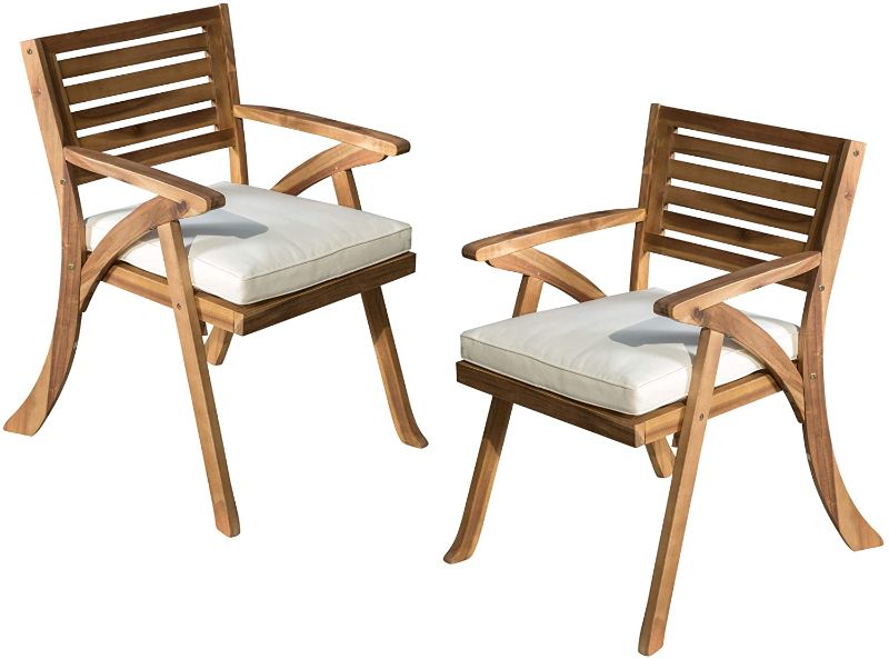 Photo 1 of Christopher Knight Home Hermosa Outdoor Acacia Wood Arm Chairs, 2-Pcs Set, Teak Finish / Cream
