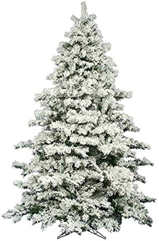 Photo 1 of AMERIQUE 691322309737 7 FEET Premium Artificial Full Body Shape Christmas Tree with Metal Stand, Heavily Flocked Snow, Unlit, 7', Snowy
