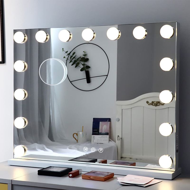 Photo 1 of Fenair Vanity Mirror with Lights Hollywood Mirror with 14 LED Dimmable Bulbs 3 Color Lighting Modes Lighted Makeup Mirror with USB Port Magnifying Make up Mirror with Touch Control