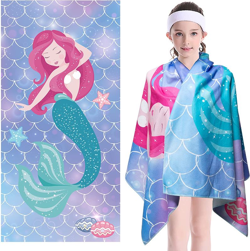 Photo 1 of Beach Towel for Kids Mermaid Pattern Beach Towel Super Microfiber Sand Free Bath Towel Absorbent Towel Blanket Water Supplies for 2021 Summer Travel Outdoor Swimming Bath Activities, 30 x 60 inch
