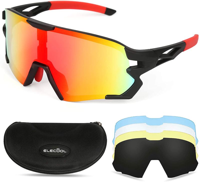 Photo 1 of ELECOOL Cycling Glasses with 5 Interchangeable Lenses for Running Fishing Sports RED
