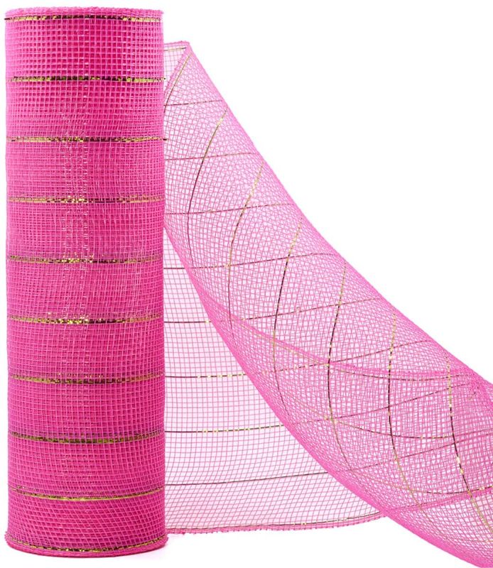 Photo 1 of 10 Inch x 30 Feet Deco Poly Mesh Ribbon with Metallic Foil Each Roll for Wreaths, Swags Bows Wrapping and Easter Decorating Projects-1 roll(Dark Pink) 2 PCK 
