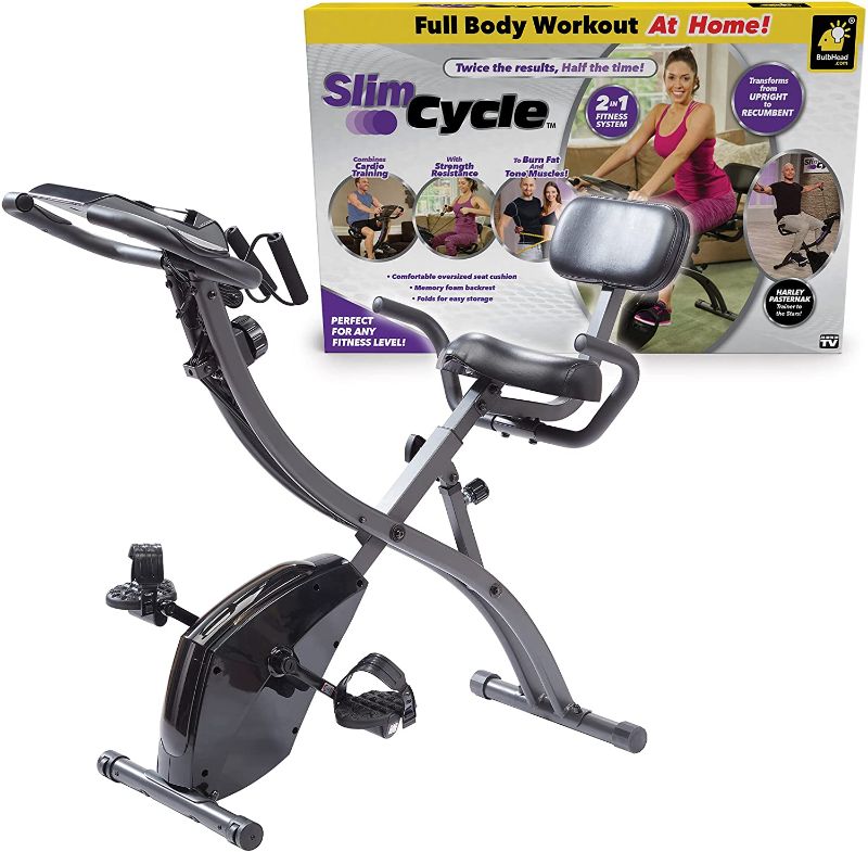 Photo 1 of ***INCOMPLETE FOR PARTS ONLUY***As Seen On TV Slim Cycle Stationary Bike by Bulbhead, Most Comfortable Exercise Machine, Thick, Extra-Wide Seat & Back Support Cushion, Recline or Upright Position, Twice the Results in Half the Time
