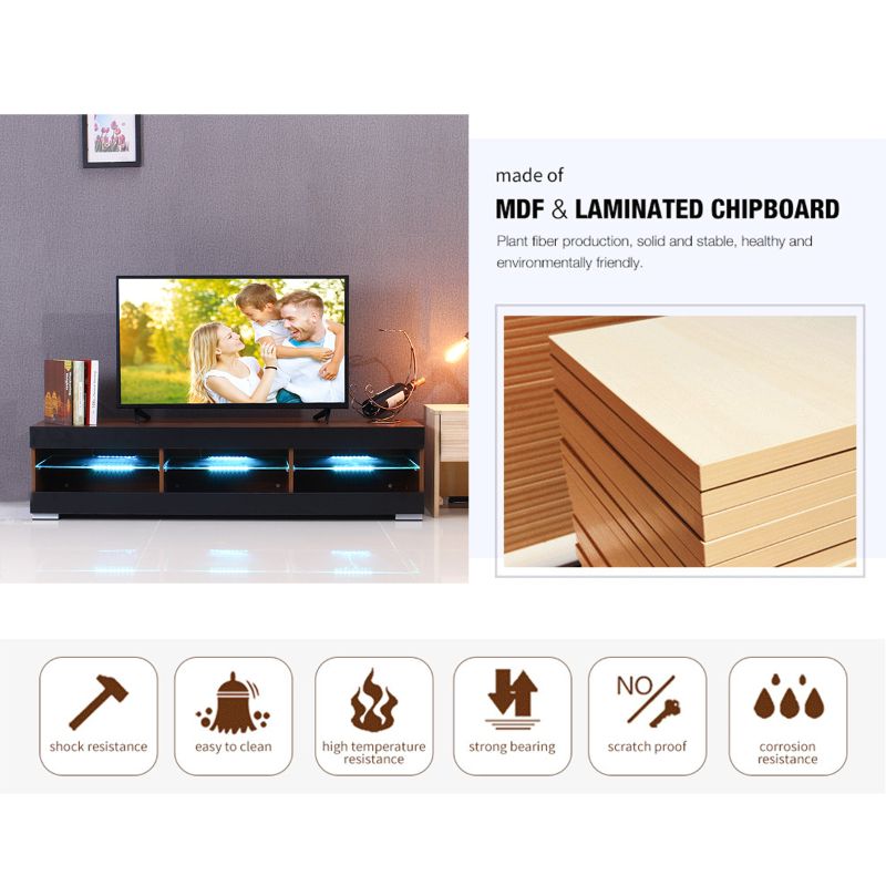 Photo 3 of 57'' TV Unit Cabinet Stand Wood Console High Gloss LED Lights Shelves Furniture (White Color)