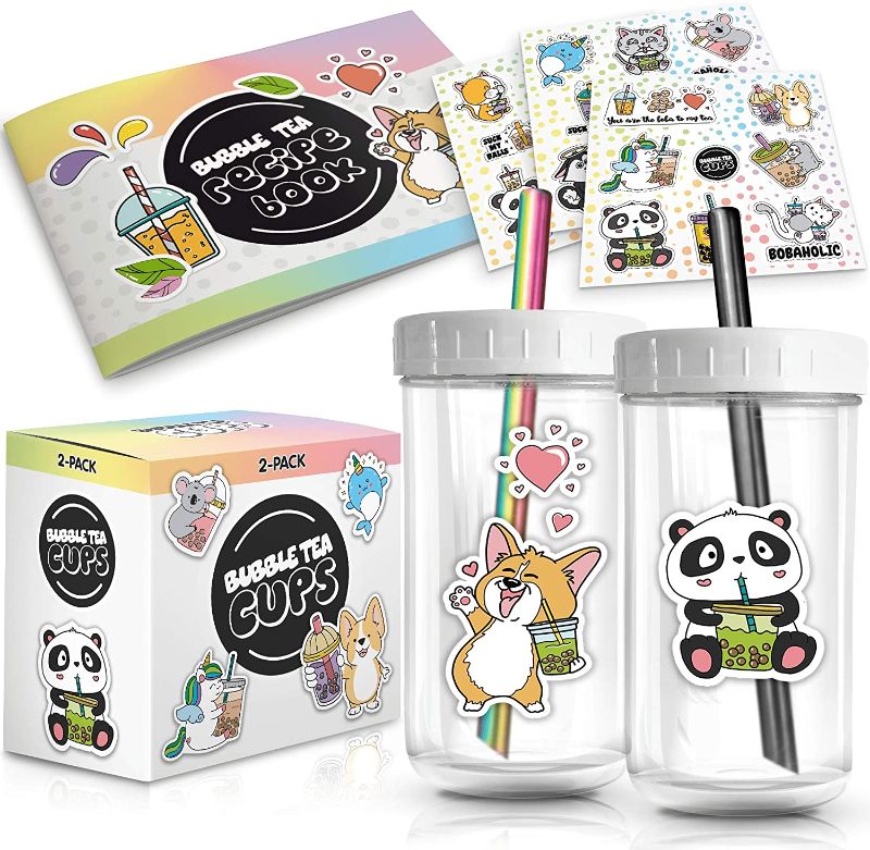 Photo 1 of 2-Pack Reusable Bubble Tea Cup Set – 22oz Glass Boba Tea Cups with Lids & Straws – Bubble Tea Gift Set Includes Recipe Book & Stickers - Reusable Boba Cup for Milk Tea & Smoothie & Iced Coffee
