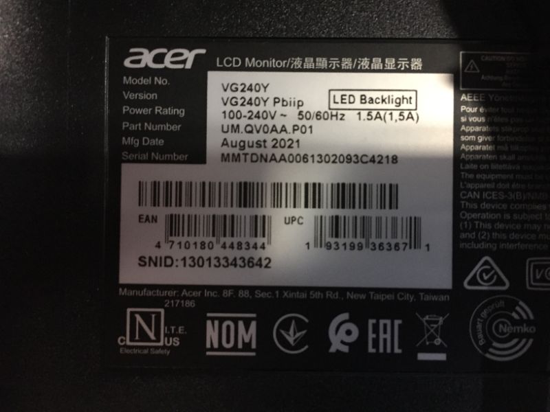 Photo 4 of Acer Nitro VG240Y - LED monitor - 23.8" - 1920 x 1080 Full HD (1080p) @ 75 Hz - IPS - 250 cd/m - 1 ms - 2xHDMI, DisplayPort - black (SCREEN HAS SPEC LIKE DOTS ON IT)
