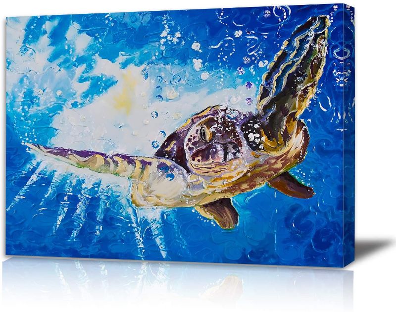 Photo 1 of ANGUSCPYS Sea Turtle Wall Art Coastal Decor for Bathroom Bedroom Blue Ocean Prints Canvas Framed Picture Sea Life Living Room Office Small Painting Beach Theme Artwork Decoration 12X16"