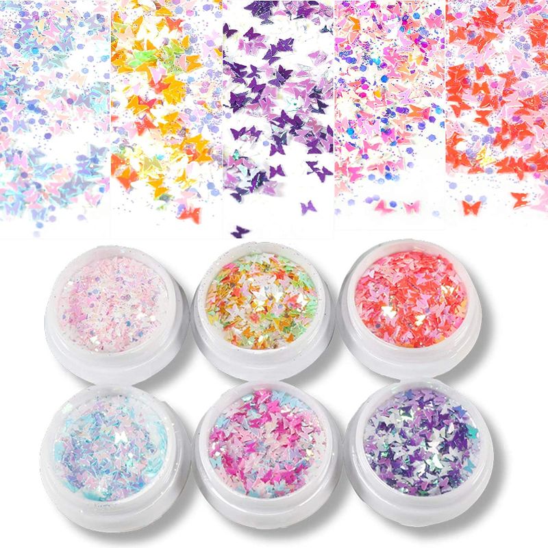Photo 2 of 6 Boxes 3D Butterfly Nail Art Glitter Sequins, Kalolary Splarkly Laser Coloful Butterfly Nail Sequin Acrylic Paillettes, Holographic Nail Glitters for Nail Decoration Makeup Resin Mold DIY