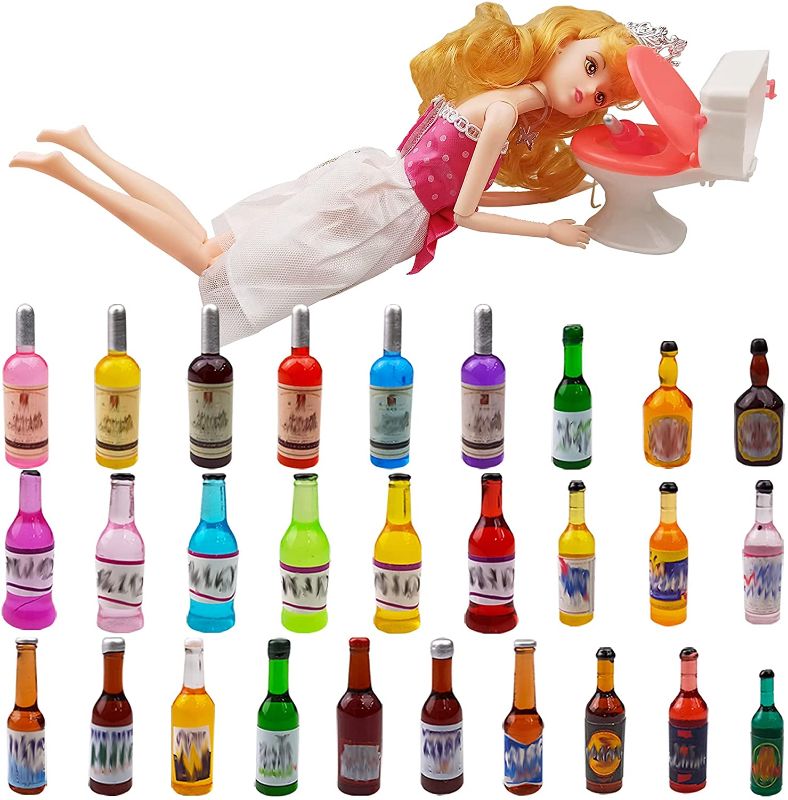 Photo 1 of 32 PCS Doll Cake Topper Plastic Miniature Toilet Toy and 28 Non-repeating Mini Wine Bottle Funny Dollhouse Cupcake Cake Topper Set for Birthday Bachelorette Party Decoration Supplies

