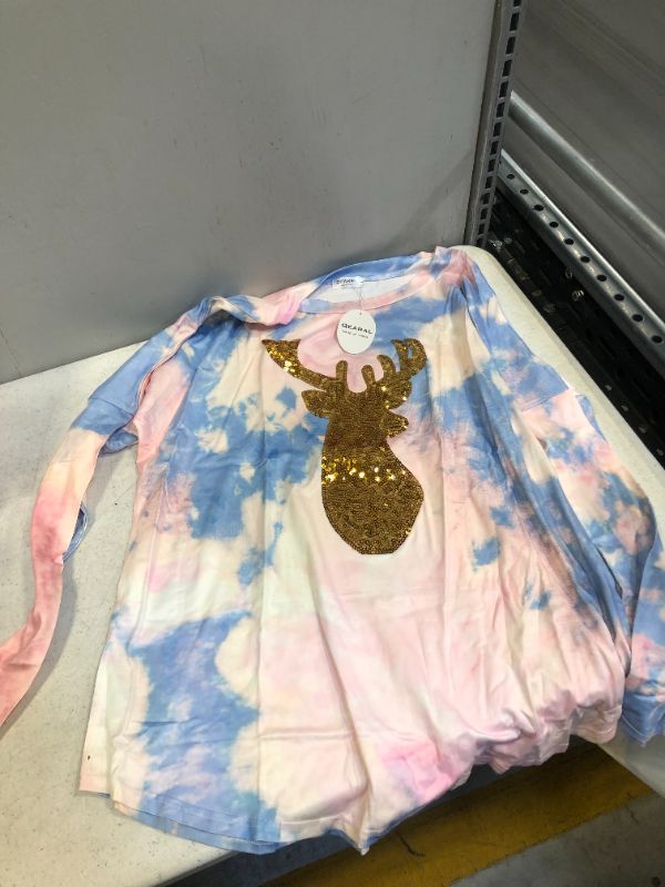 Photo 1 of QEARQAL PINK/BLUE LONG SLEEVE GOLD SEQUIN REINDEER TIE DYE
SIZE LARGE