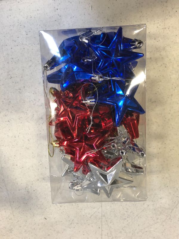 Photo 2 of 4th of July Patriotic Day 24 Pcs Hanging Star Ornament, Independence Day Hanging Star Ornaments, Hanging Star Decorations for Indoor Outdoor Party Decor, Glitter, Blue Red and Silver
