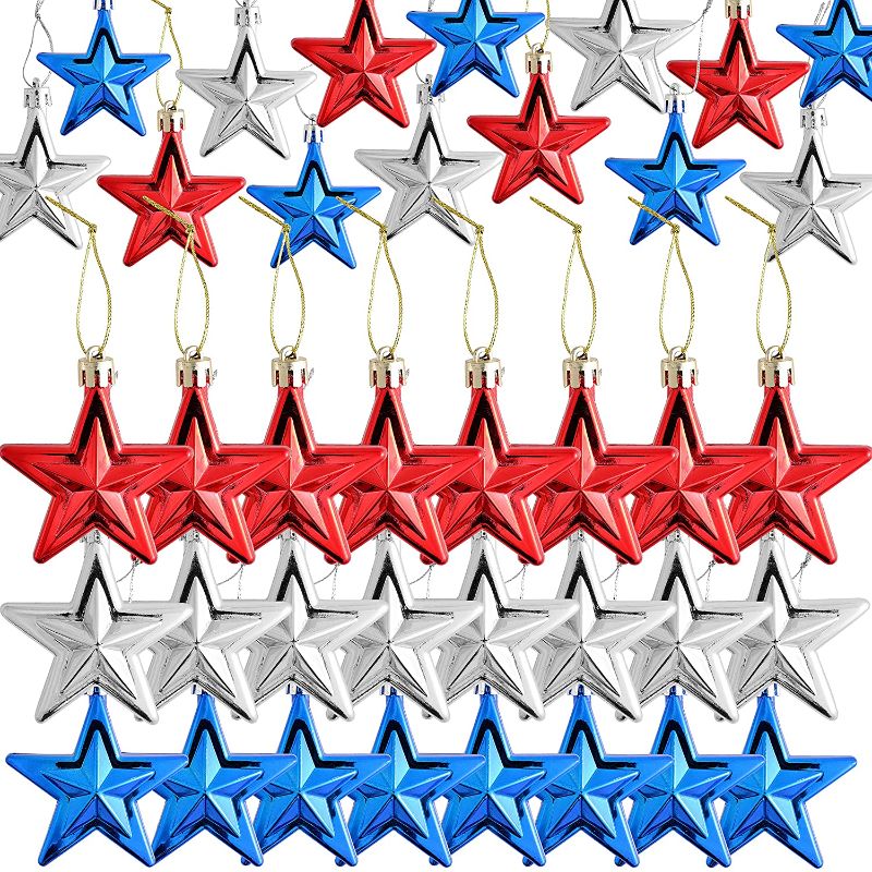 Photo 1 of 4th of July Patriotic Day 24 Pcs Hanging Star Ornament, Independence Day Hanging Star Ornaments, Hanging Star Decorations for Indoor Outdoor Party Decor, Glitter, Blue Red and Silver
