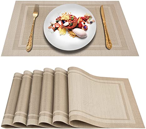 Photo 1 of Artand Placemats, Woven Crossweave Placemat for Dining Table, PVC Vinyl Table Mats, Set of 6 (Beige-Lines)
