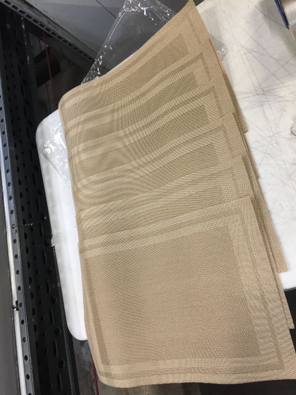 Photo 2 of Artand Placemats, Woven Crossweave Placemat for Dining Table, PVC Vinyl Table Mats, Set of 6 (Beige-Lines)
