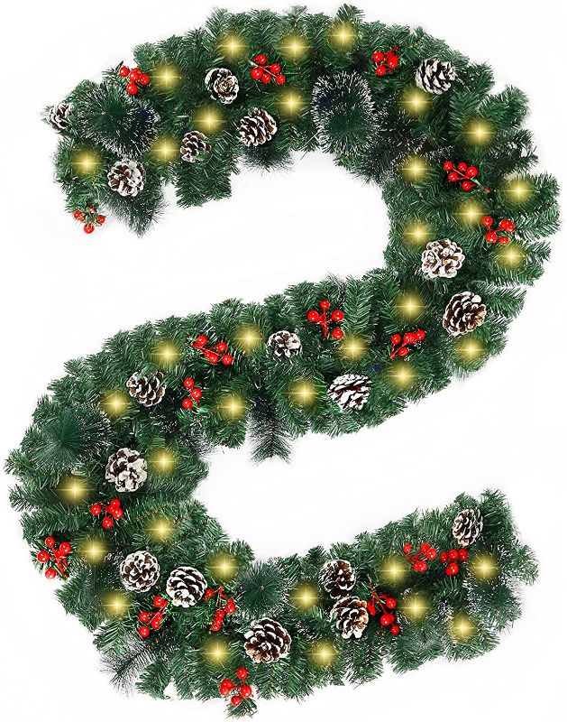 Photo 1 of 9 Ft 10 inches Christmas Garland with 100 Battery-Operated LED Lights, Decorations with Branches/Real Pine Cones/Red Berries/Pine Needles for Festival Indoor Outdoor Home Mantle Fireplace(Warm White)
