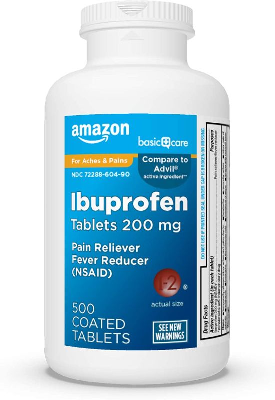 Photo 1 of Amazon Basic Care Ibuprofen Tablets, Fever Reducer and Pain Relief from Body Aches, Headache, Arthritis Pain and More, 500 Count
