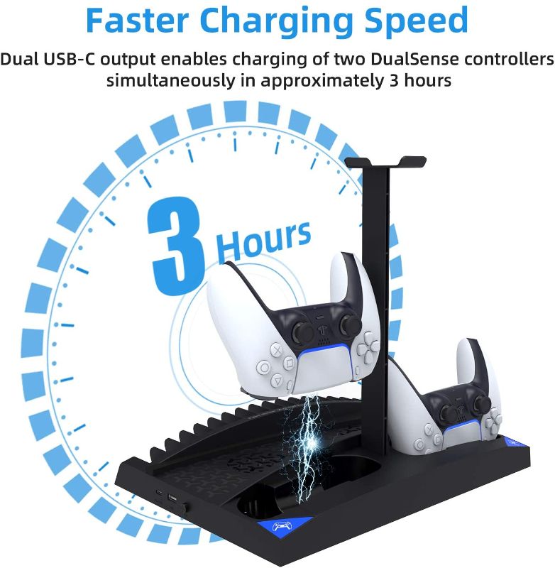 Photo 2 of BEJOY Vertical Cooling Fans Stand for PS5 / PS5 Digital Edition, 2 DualSense Controllers Charging Staion and Gaming Headset Holder, 17 Games Storage with USB Type-C Ports, Black
