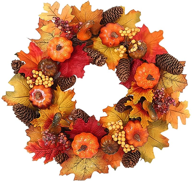 Photo 1 of Fall Wreath for Front Door, Thanksgiving Wreath Autumn Pumpkin Wreath Maple Leaf Fall Wreath, Thanksgiving Wreath for Indoor Outdoor, Home Office Wall Wedding Holiday Wreath Decor
