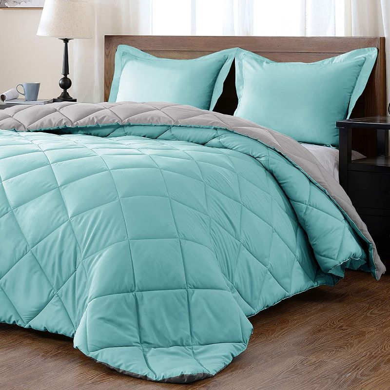 Photo 1 of downluxe Lightweight Solid Comforter Set (King) with 2 Pillow Shams - 3-Piece Set - Light Blue and Gray - Down Alternative Reversible Comforter
