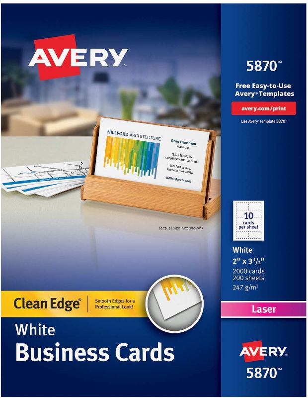 Photo 1 of Avery Printable Business Cards, Laser Printers, 2,000 Cards, 2 x 3.5, Clean Edge (5870), White
