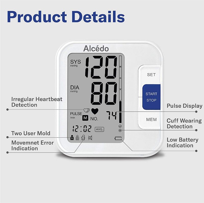 Photo 2 of Alcedo Blood Pressure Monitor Upper Arm, Automatic Digital BP Machine with Wide-Range Cuff for Home Use, LCD Screen, 2x120 Memory, Talking Function
