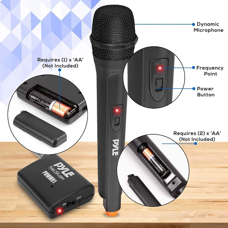 Photo 3 of Portable VHF Wireless Microphone System - Professional Battery Operated Handheld Dynamic Unidirectional Cordless Microphone Transmitter Set W/Adapter Receiver, for PA Karaoke DJ Party - Pyle PDWM91
