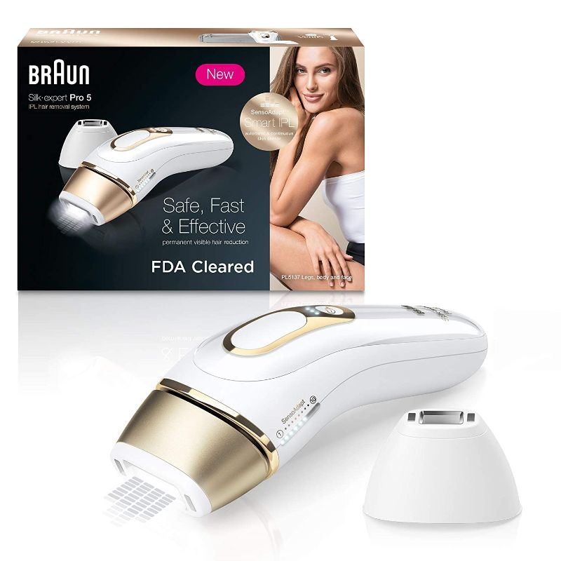 Photo 1 of Braun IPL Hair Removal for Women Silk Expert Pro 5 PL5137 with Venus Swirl Razor FDA Cleared Permanent Reduction in Hair Regrowth for Body Face Corded, Gold/White, 1 Count(Packaging May Vary)
