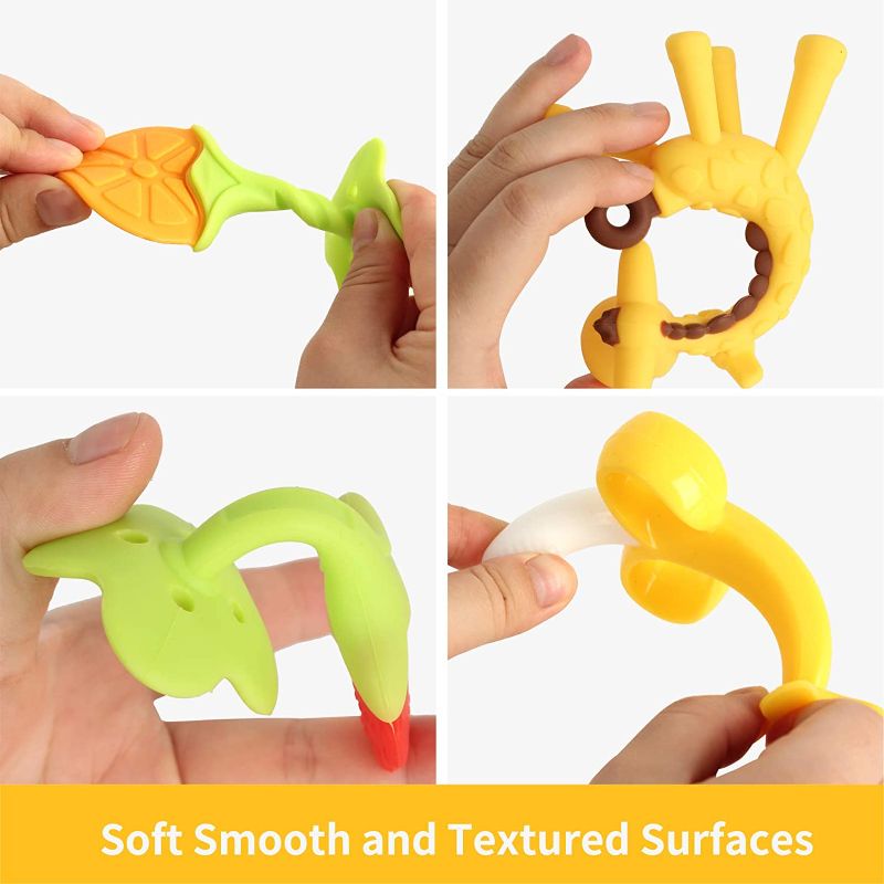 Photo 2 of Baby Teething Toys for Newborn Freezer Safe BPA Free Infant and Toddler Silicone Banana Toothbrushes Fruit Giraffe Teethers Soothe Babies Gums Set with Storage Case
