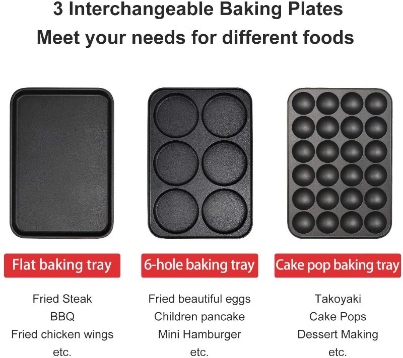 Photo 2 of Health and Home Multifunction Nonstick Baking Maker with 3 Interchangeable Baking Plates for Fried Eggs, Fried Steak, Takoyaki, Cake Pops, Grill Maker
