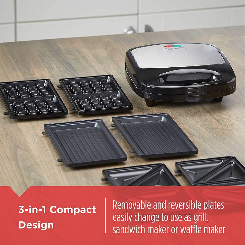 Photo 2 of Black+Decker 3-in-1 WM2000SD 3-in-1 Waffle, Grill & Sandwich Maker, Compact Design, Black/Silver
