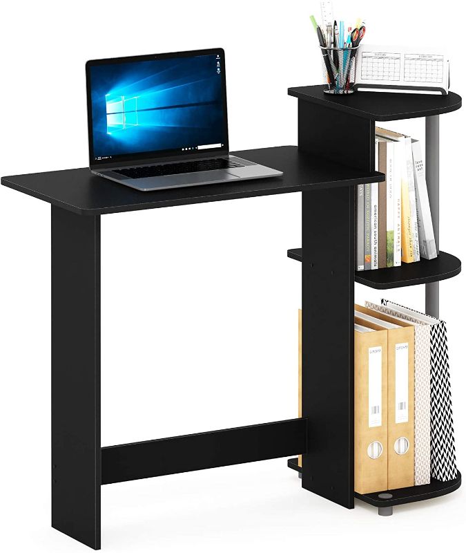 Photo 2 of FURINNO Compact Computer Desk with Shelves, Round Side, Black/Grey
