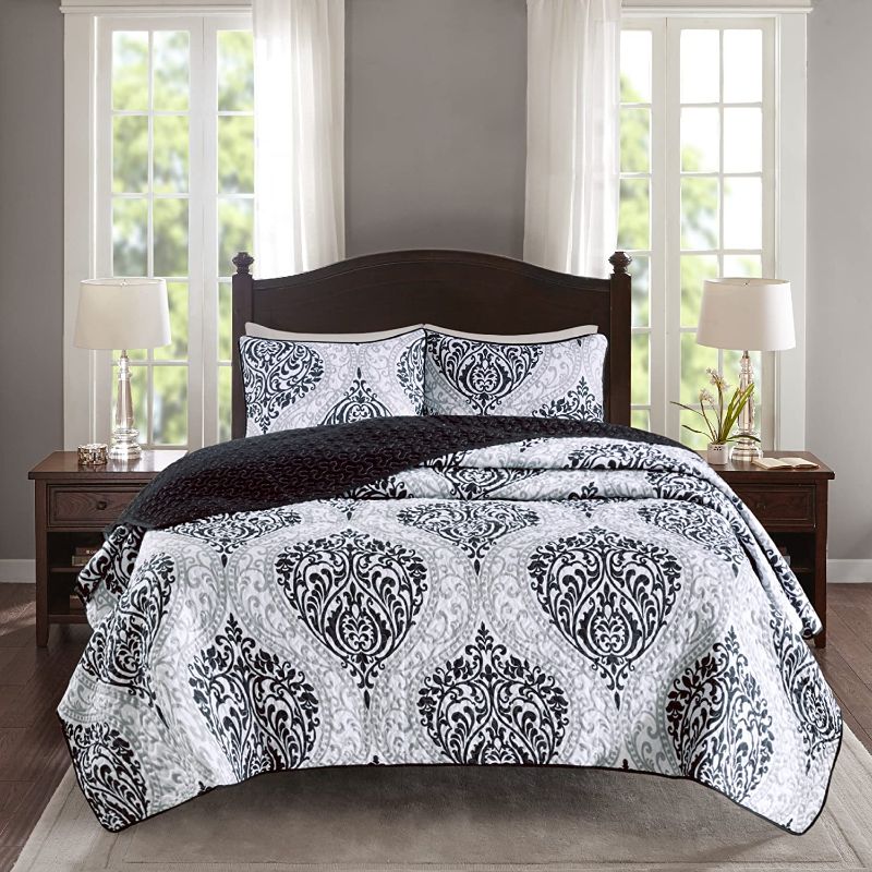 Photo 1 of Comfort Spaces Coco 3 Piece Quilt Coverlet Bedspread Ultra Soft Printed Damask Pattern Hypoallergenic Bedding Set, Full/Queen, Black
