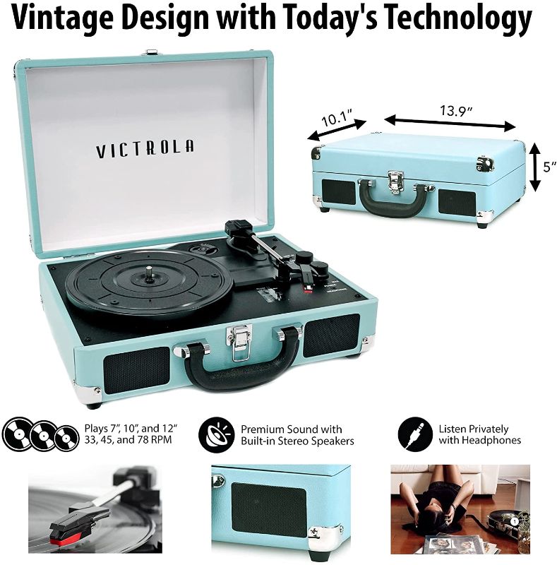 Photo 2 of Victrola Vintage 3-Speed Bluetooth Portable Suitcase Record Player with Built-in Speakers | Upgraded Turntable Audio Sound| Includes Extra Stylus | Turquoise, Model Number: VSC-550BT
