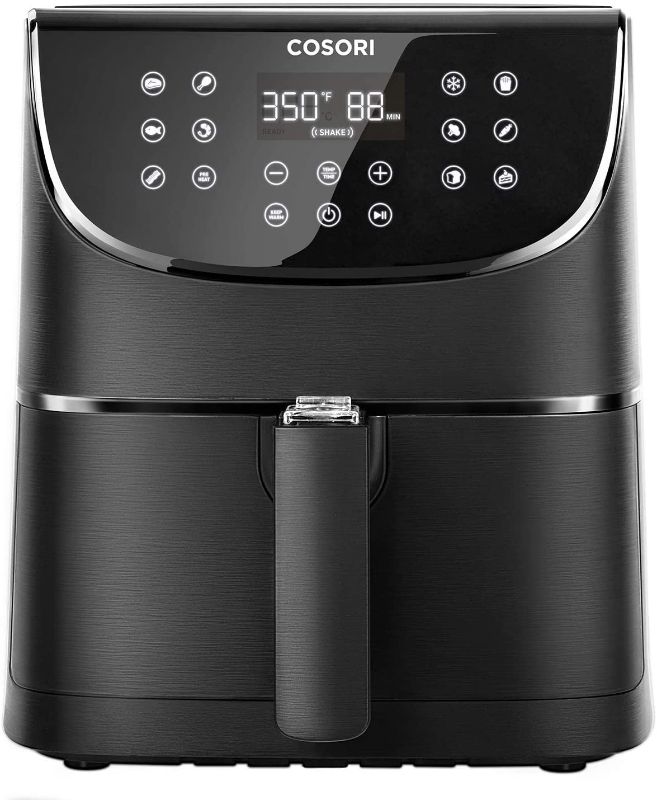 Photo 1 of COSORI Air Fryer Max XL(100 Recipes) Digital Hot Oven Cooker, One Touch Screen with 11 Cooking Functions, Preheat and Shake Reminder, 5.8 QT, Black-- Missing accessories and broken corner on fryer 

