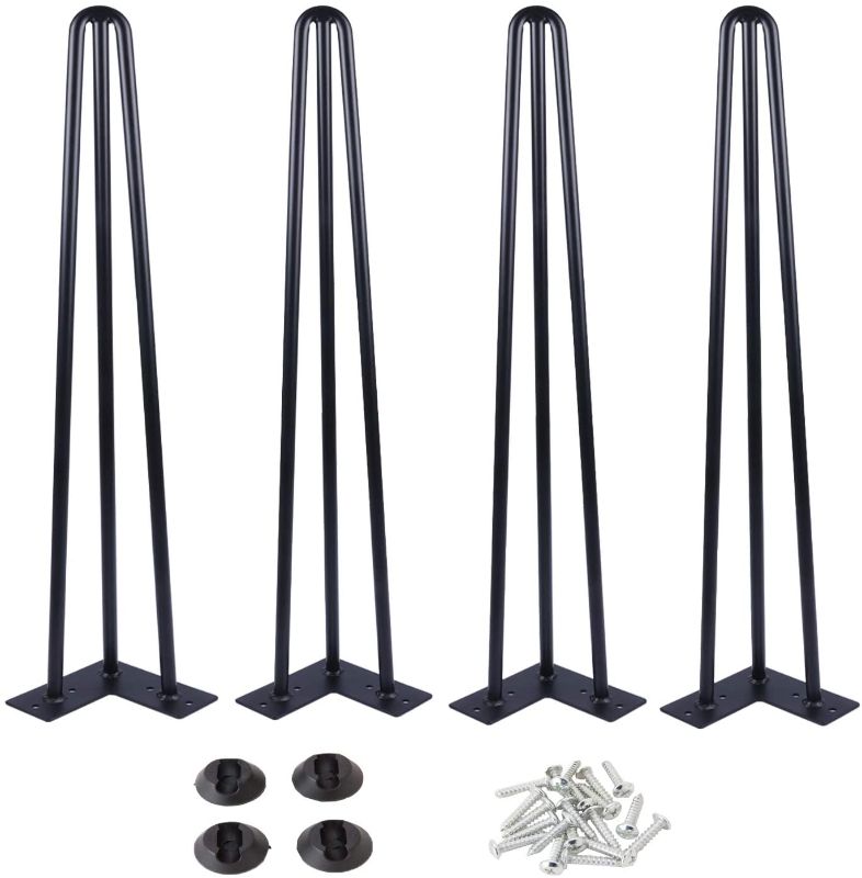 Photo 1 of 28 Inch Hairpin Table Legs with 1/2” Dia 3-Rods, Metal Furniture Legs for Coffee Table and Console Table, Mid-Century Black Hairpin Legs with Hairpin Floor Protector Feet, 4 Pack
