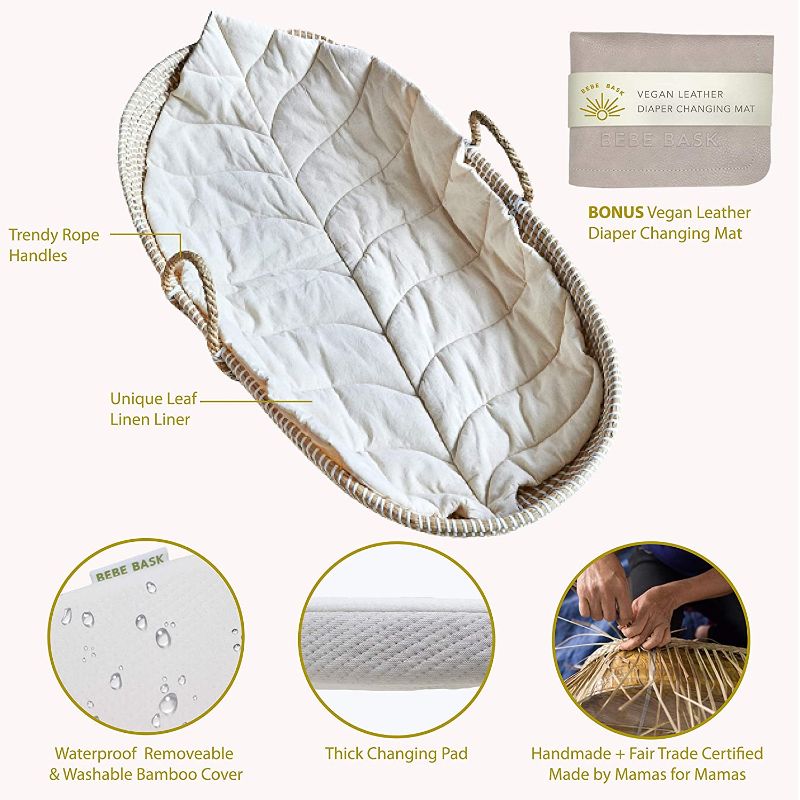 Photo 2 of Bebe Bask Premium Baby Changing Basket - Organic Seagrass Moses Basket - Luxury Leaf Liner - Thick, Soft & Waterproof Bamboo Pad - Vegan Leather Baby Changing Mat - Trendy Changing Table Topper--Rip in the basket 
