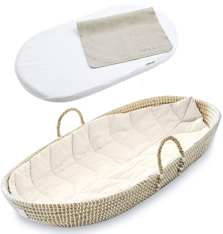 Photo 1 of Bebe Bask Premium Baby Changing Basket - Organic Seagrass Moses Basket - Luxury Leaf Liner - Thick, Soft & Waterproof Bamboo Pad - Vegan Leather Baby Changing Mat - Trendy Changing Table Topper--Rip in the basket 
