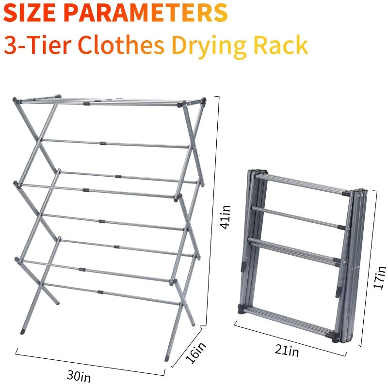 Photo 2 of 3-Tier Clothes Drying Rack - Clothes Drying Rack Folding Indoor Retractable Laundry Drying Rack, Steel Rust Protection and Accordion Design Laundry Rack, Towel Rack, Clothing Drying Dryer(Silver Gray)
