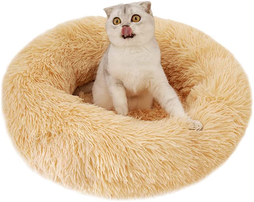 Photo 1 of Calming Original Round Donut Cat and Dog Bed Luxury Shag Long Fur Donut Cuddler Pet Beds Detachable and Machine Washable Pet Pillow Bed for Small Pets (2 pack)
