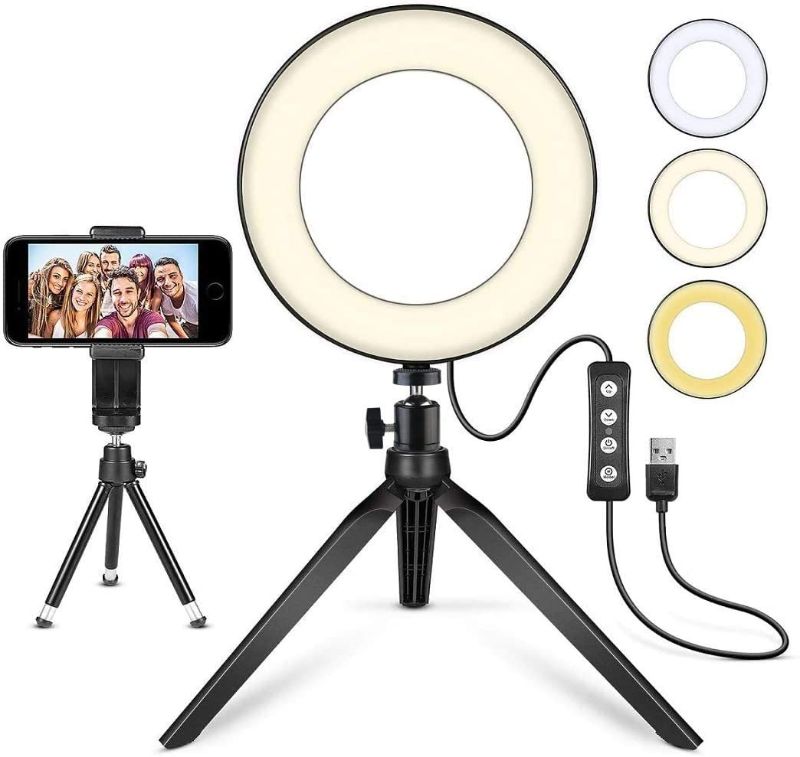 Photo 1 of LED Ring Light 6" with Tripod Stand for YouTube Video and Makeup, Mini LED Camera Light with Cell Phone Holder Desktop LED Lamp with 3 Light Modes & 11 Brightness Level (6")
