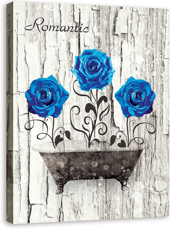 Photo 1 of Bathroom Decor Wall Art Romantic Blue Rose Canvas Prints Rustic Flower Bathtub Picture Home Decorations Framed Ready to Hang 12x16 inches
