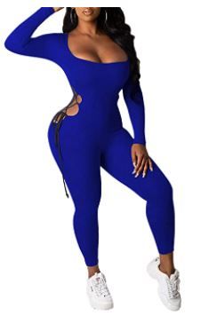 Photo 1 of BHMAWSRT Women's Longsleeve One Piece Jumpsuit with Hollow Side Bandage Activewear Casual Bodycon Rompers Playsuit size large 