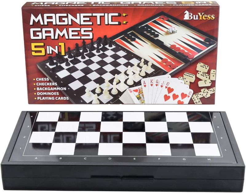 Photo 1 of 5 in 1 Mini Magnetic Chess Checkers Dominoes Backgammon and Cards Set, Small Travel Size Board Games