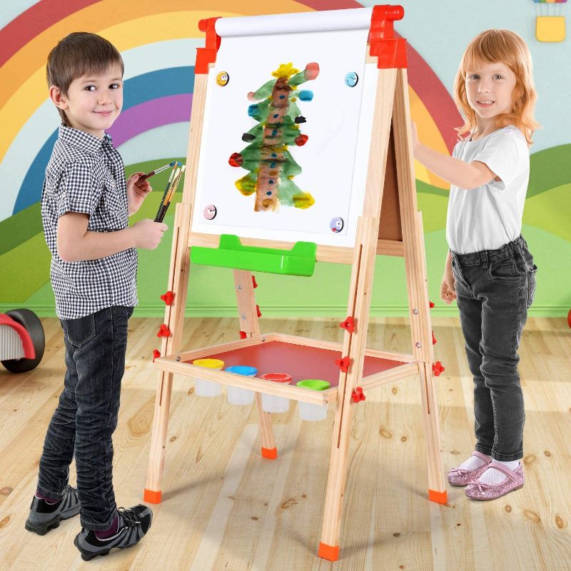Photo 1 of Amagoing Easel for Kids, 3 in 1 Wooden Magnetic Chalkboard and Dry Erase Board for Toddler Art Easel Adjustable with Paper Roll
