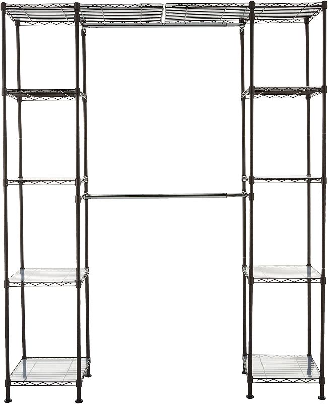 Photo 1 of Amazon Basics Expandable Metal Hanging Storage Organizer Rack Wardrobe with Shelves, 14"-63" x 58"-72", Bronze