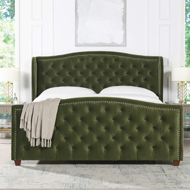 Photo 1 of Jennifer Taylor Home Marcella Upholstered Shelter Headboard Bed Set, King, Olive Green Performance Velvet
