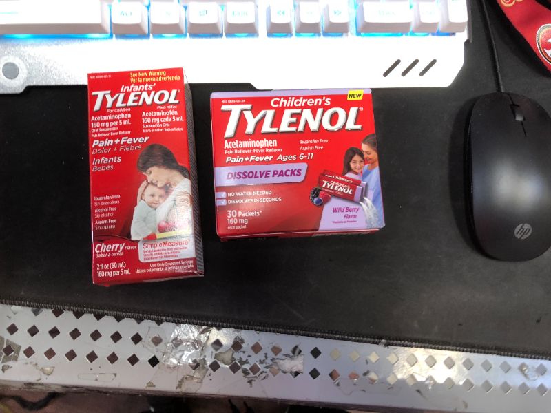 Photo 1 of Children's medicine bundle 
Infants' Tylenol Acetaminophen Liquid Medicine, Cherry, 2 fl. oz 2 PK Expires 3/22
Children's Tylenol Dissolve Powder Packets with 160 mg Acetaminophen, Wild Berry, 30 ct Expires December 
