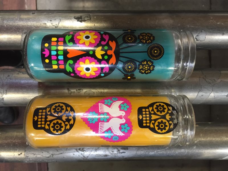 Photo 1 of 2 Pack Halloween Día de Muertos Yellow Two Doves Glass Candle - Designed with Luis Fitch