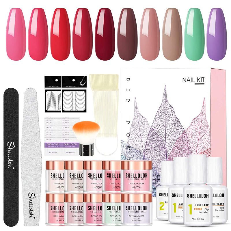 Photo 1 of Shelloloh Dip Powder Nail Kit Starter Kit 10 Color Dipping Powder System Essential Liquid Set Base Top Coat Activator French Nail Art Manicure Set
